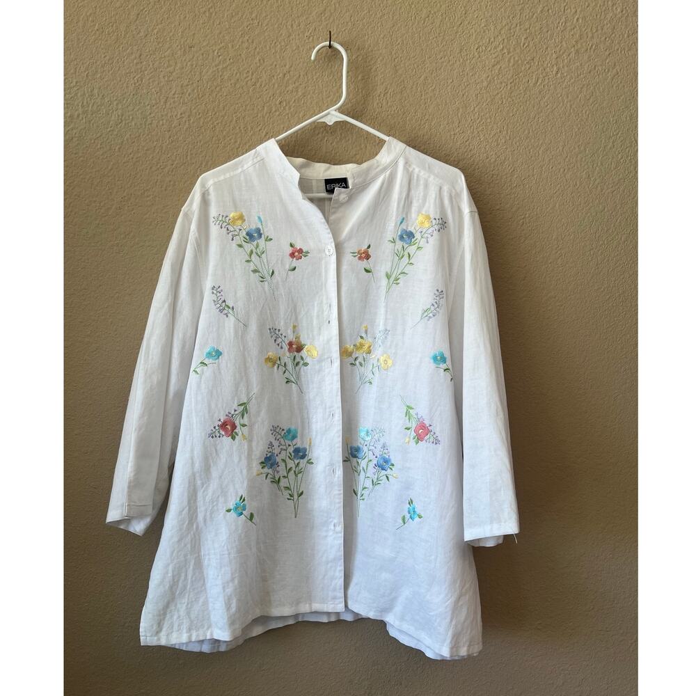 Vintage 90s white floral embroidered quarter sleeve linen top size 2X
